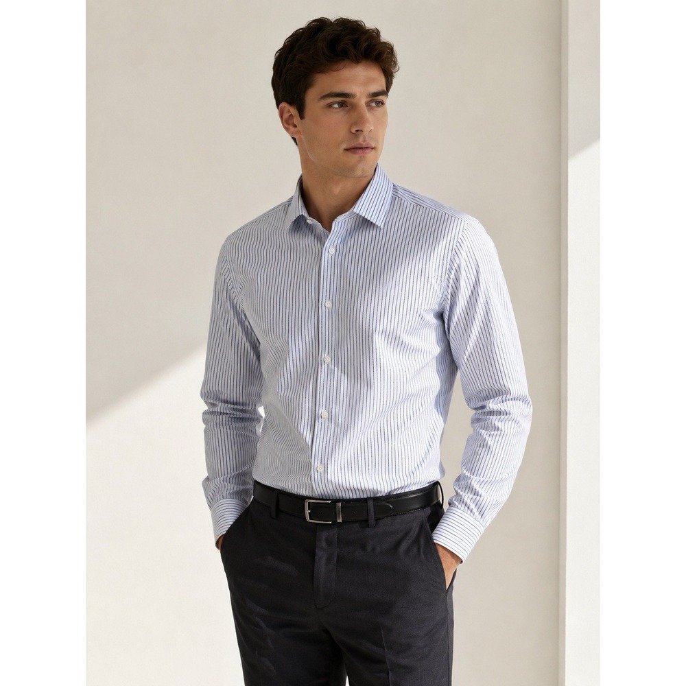 Tahari‎ New York Modern Fit Dress Shirt Men's Med Blue White Striped 100% Cotton